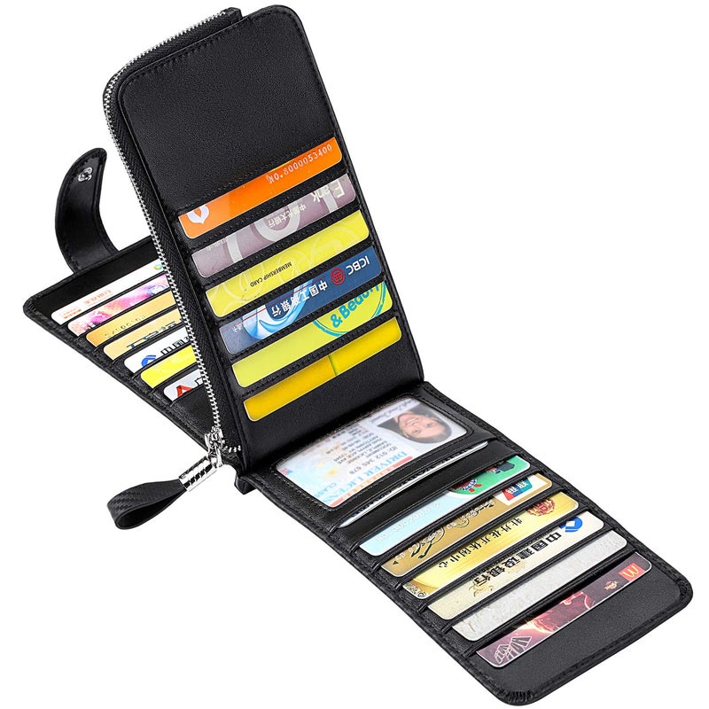 Huztencor Wallets for Men Women Slim RFID Blocking Genuine Leather Credit Card Holder Long Wallets Bifold Billfolds Passport Travel Wallet Checkbook Cover Carbon Fiber Black - Image 2